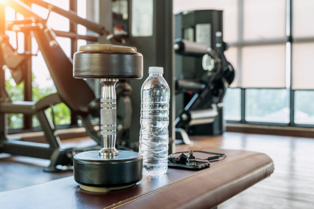 Dumbbells in a gym.